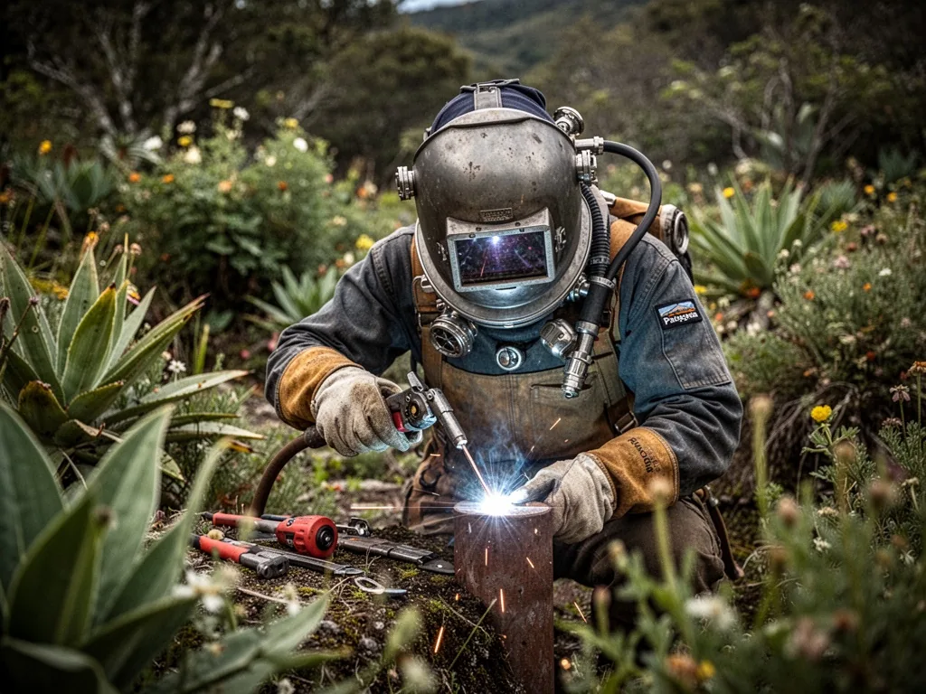 Plongeur soudeur en intervention sous-marine, tenant une torche de soudage, casque de plongée professionnelle