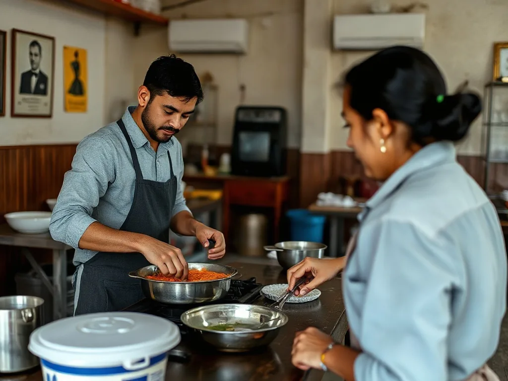 Un plan de travail de cuisine professionnelle en formation, un commis en tablier blanc prépare une garniture.